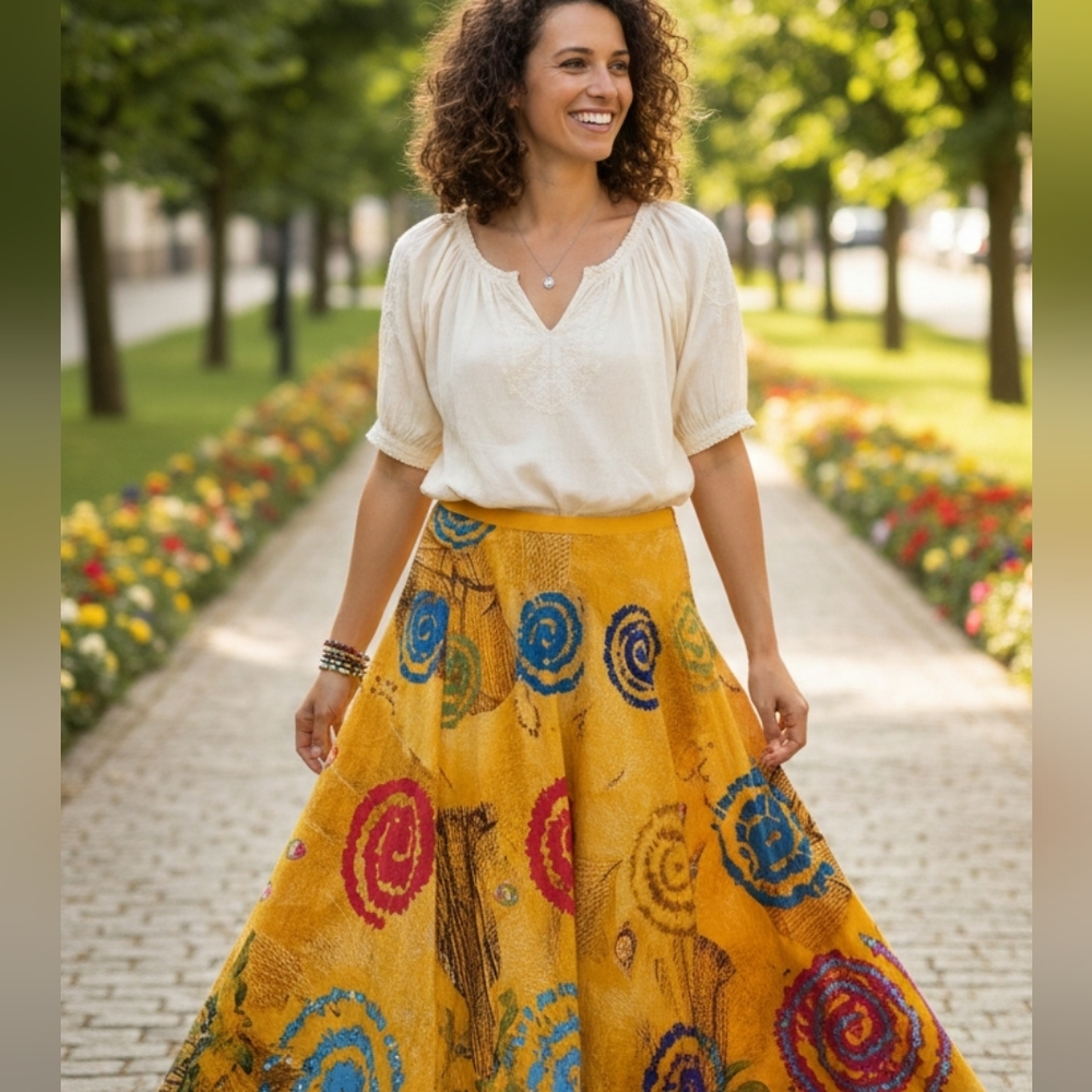 Artsy Boho Festival Beaded Bright Full Skirt by Manuela Moore Size M Waist 30"